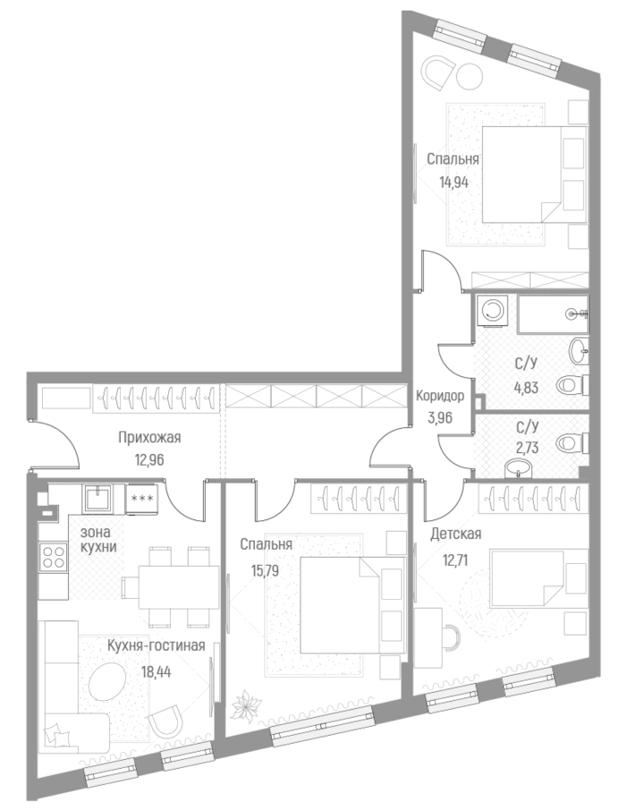 Планировка — Эльйон, 3-комн., 86 м²