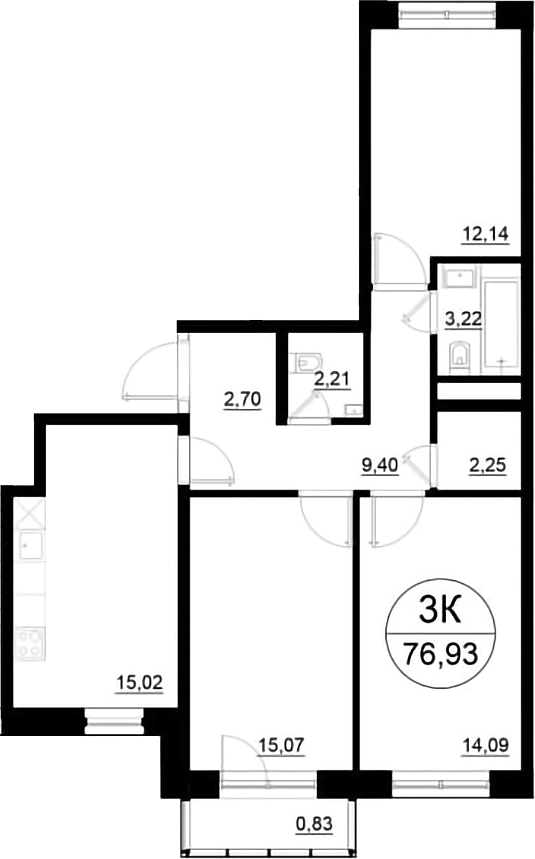 Планировка — Олива, 3-комн., 76 м²