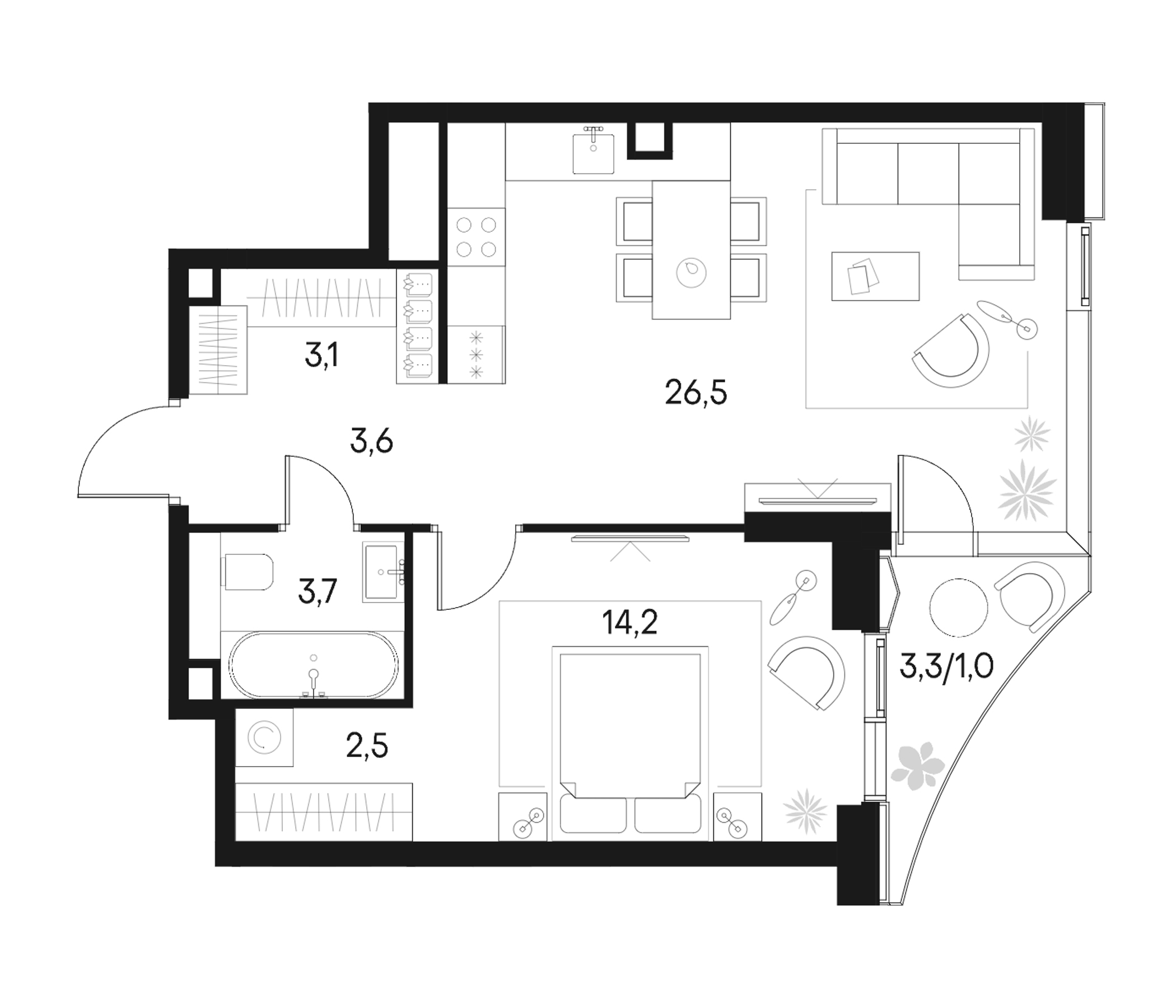 Планировка — Клубный город на реке Primavera, 2-комн., 54 м²