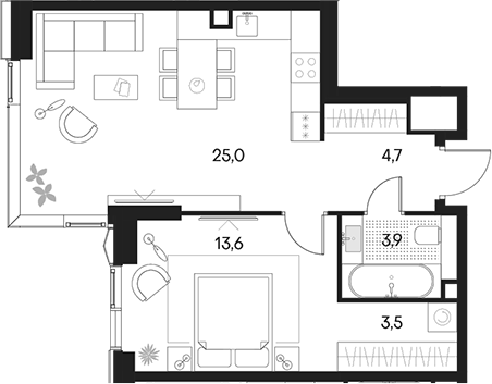 Планировка — Клубный город на реке Primavera, 2-комн., 51 м²