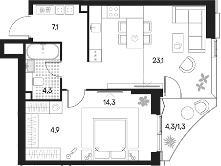 Планировка — Клубный город на реке Primavera, 2-комн., 54 м²