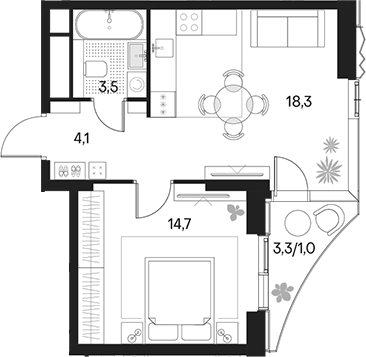 Планировка — Клубный город на реке Primavera, 2-комн., 41 м²