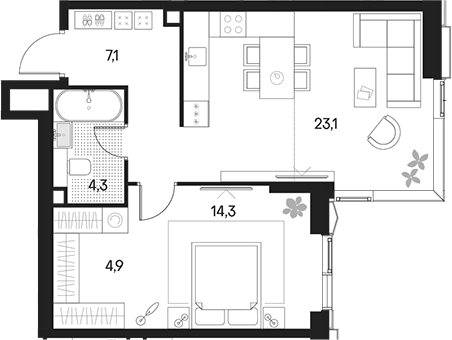 Планировка — Клубный город на реке Primavera, 2-комн., 54 м²