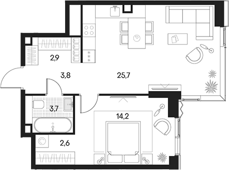 Планировка — Клубный город на реке Primavera, 2-комн., 53 м²