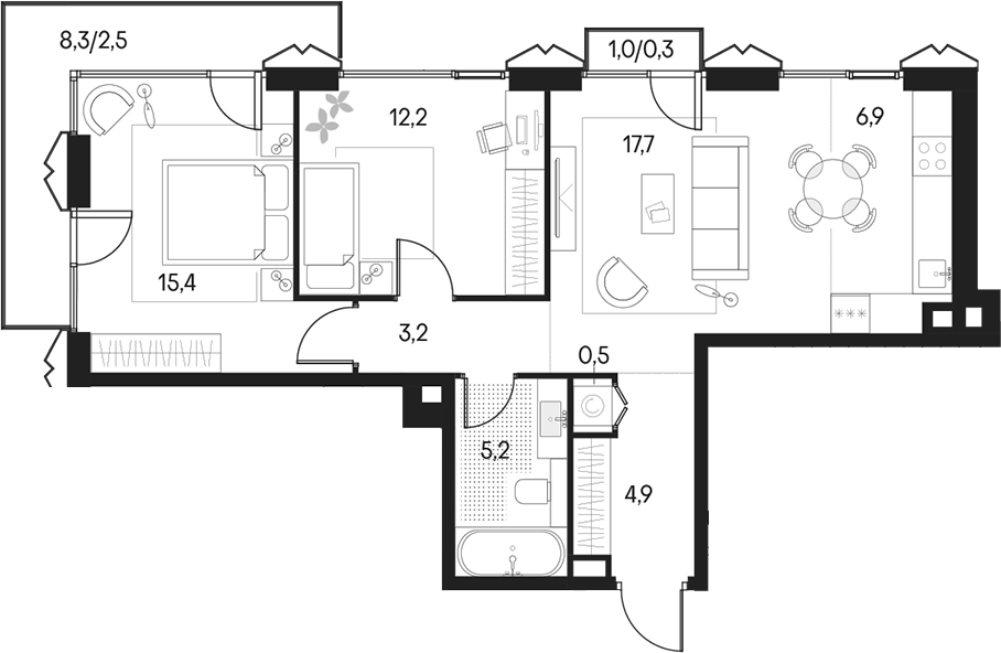 Планировка — Клубный город на реке Primavera, 3-комн., 66 м²