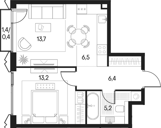 Планировка — Клубный город на реке Primavera, 2-комн., 45 м²