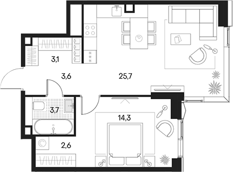 Планировка — Клубный город на реке Primavera, 2-комн., 53 м²