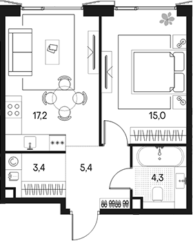 Планировка — Клубный город на реке Primavera, 2-комн., 45 м²