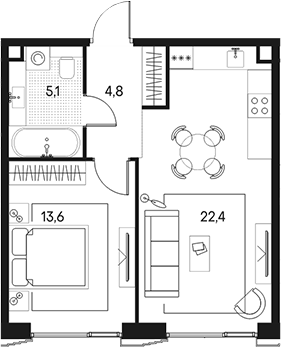 Планировка — Клубный город на реке Primavera, 2-комн., 46 м²