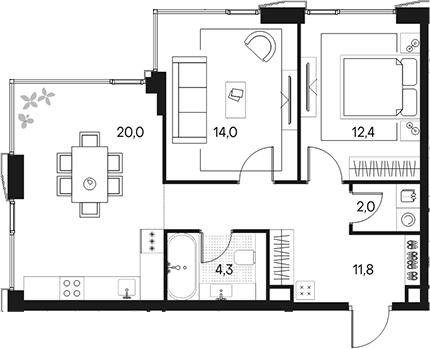 Планировка — Клубный город на реке Primavera, 2-комн., 65 м²