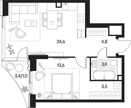Планировка — Клубный город на реке Primavera, 2-комн., 51 м²