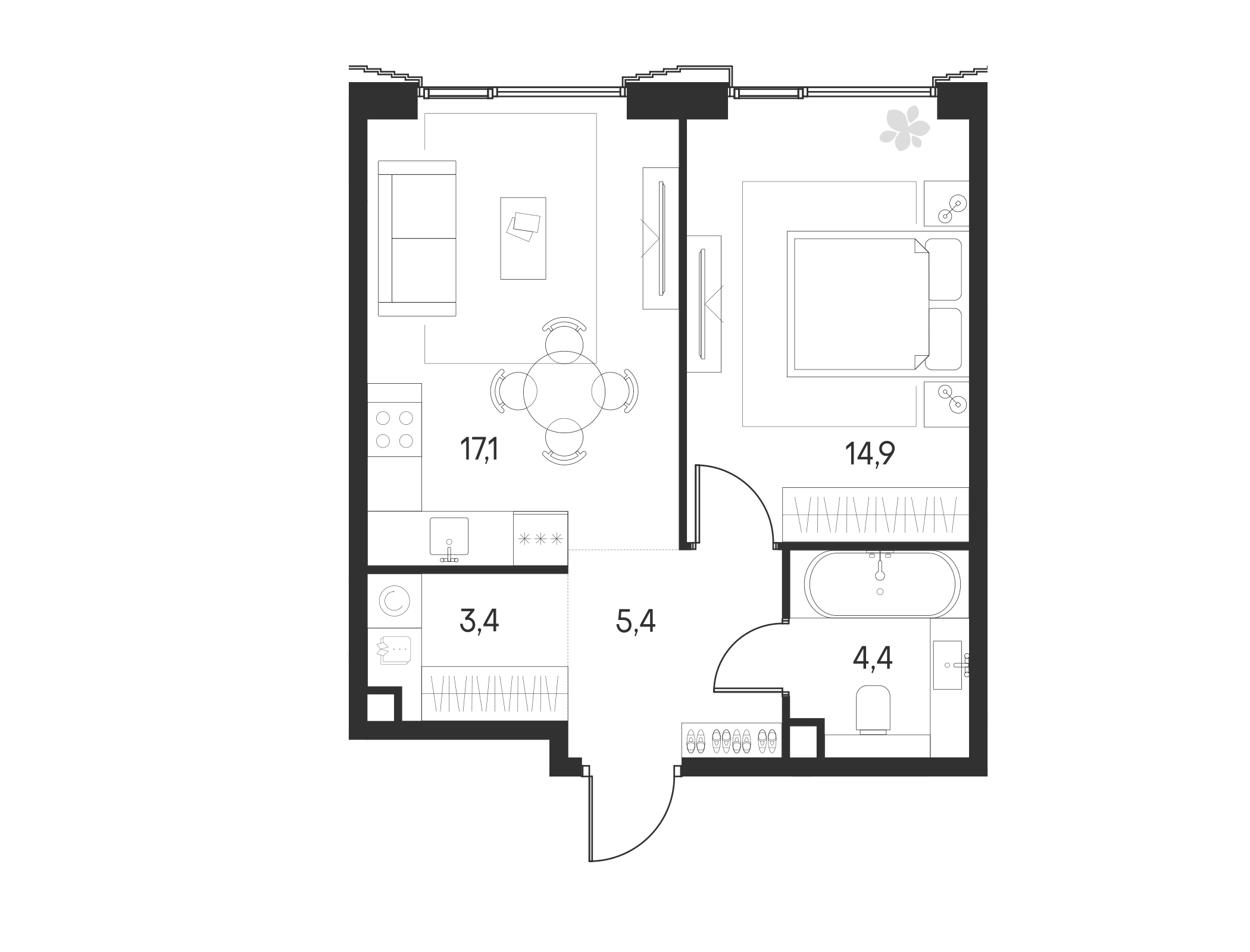 Планировка — Клубный город на реке Primavera, 2-комн., 45 м²