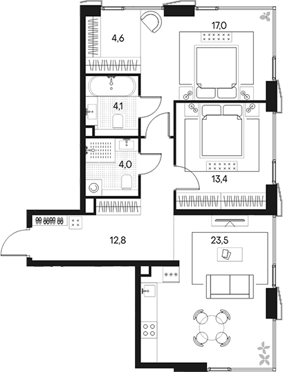 Планировка — Клубный город на реке Primavera, 3-комн., 79 м²