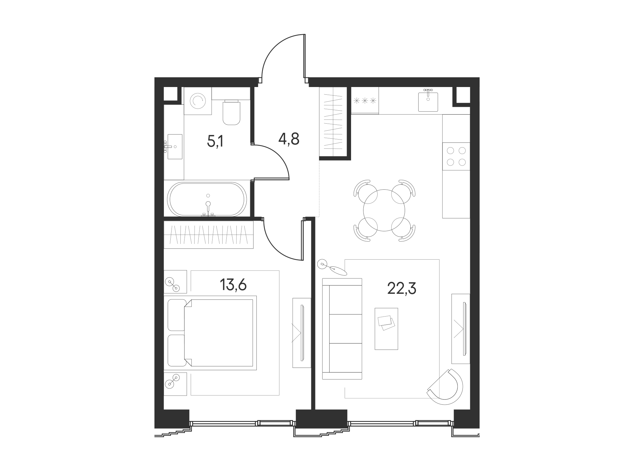 Планировка — Клубный город на реке Primavera, 2-комн., 46 м²