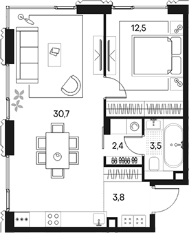 Планировка — Клубный город на реке Primavera, 2-комн., 53 м²
