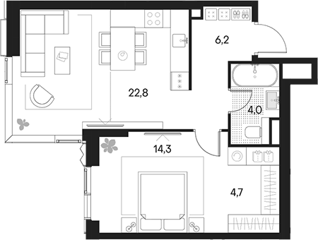 Планировка — Клубный город на реке Primavera, 2-комн., 52 м²