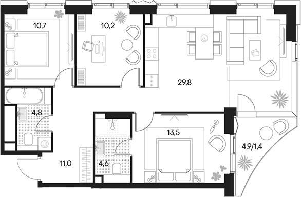 Планировка — Клубный город на реке Primavera, 4-комн., 85 м²