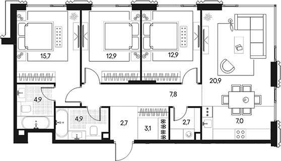 Планировка — Клубный город на реке Primavera, 4-комн., 96 м²
