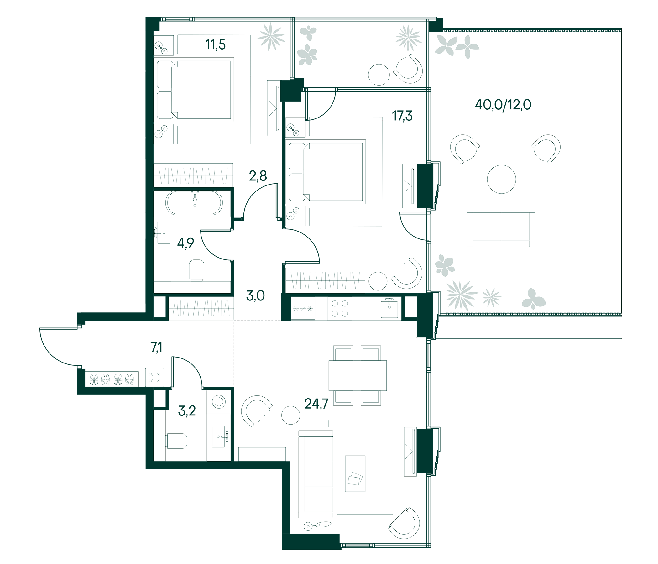 Планировка — Клубный город на реке Primavera, 3-комн., 75 м²