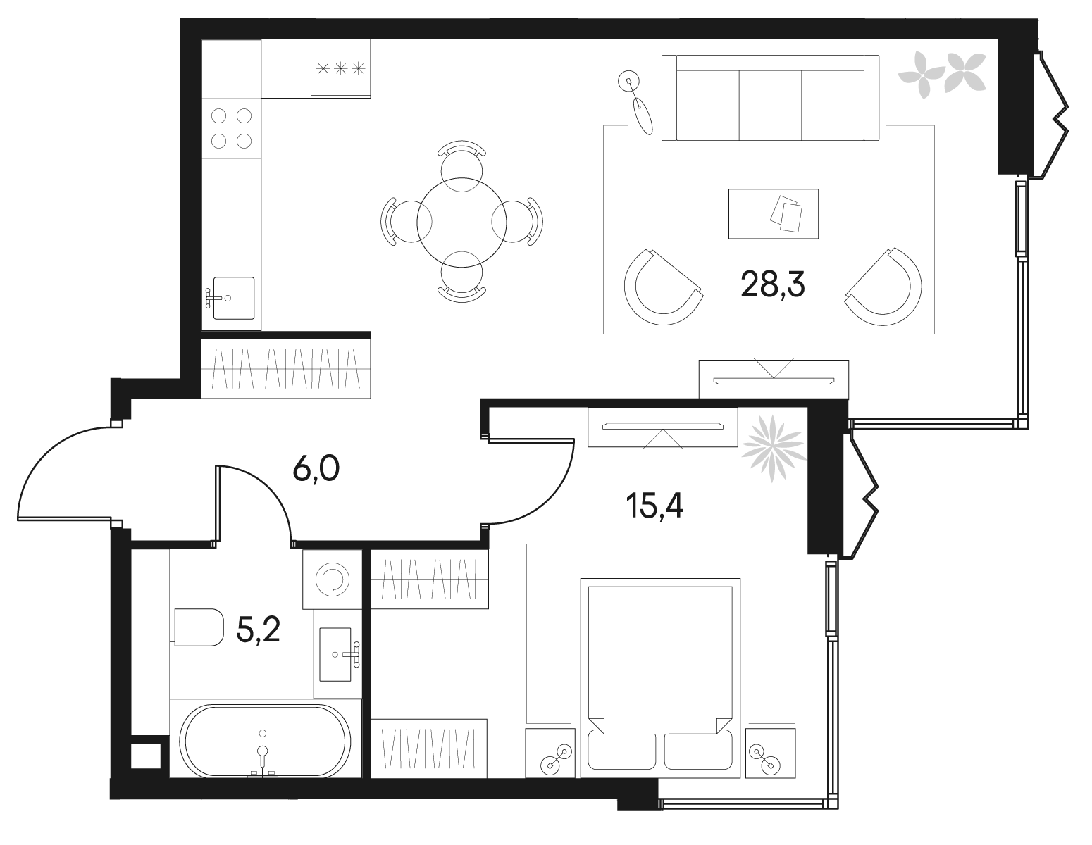Планировка — Клубный город на реке Primavera, 2-комн., 55 м²