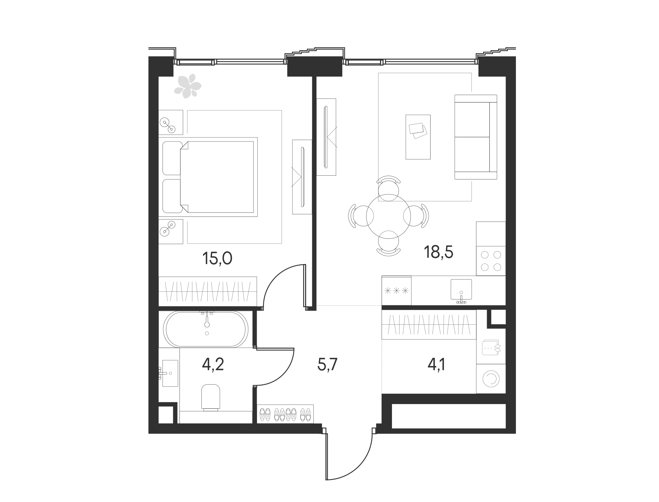 Планировка — Клубный город на реке Primavera, 2-комн., 48 м²