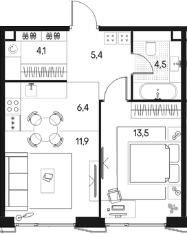 Планировка — Клубный город на реке Primavera, 2-комн., 46 м²
