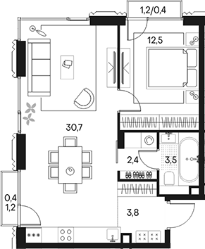 Планировка — Клубный город на реке Primavera, 2-комн., 53 м²