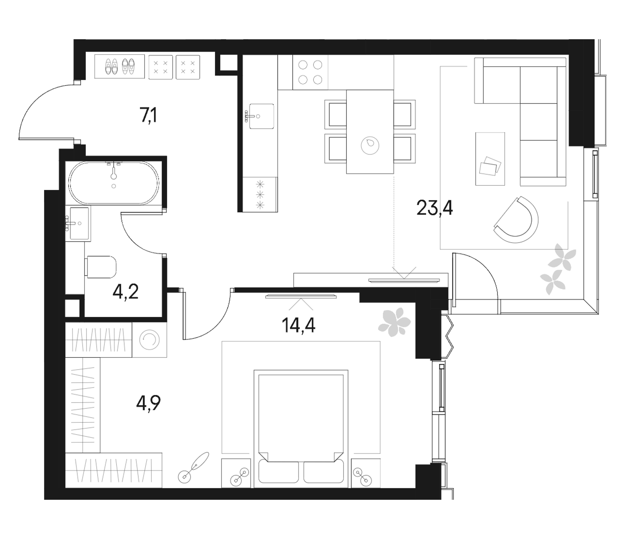 Планировка — Клубный город на реке Primavera, 2-комн., 54 м²