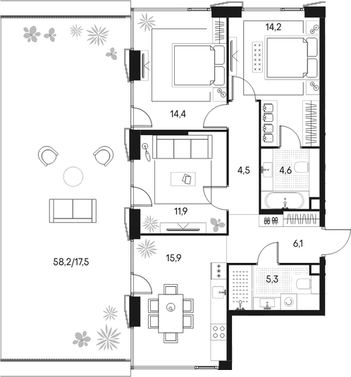Планировка — Клубный город на реке Primavera, 3-комн., 77 м²