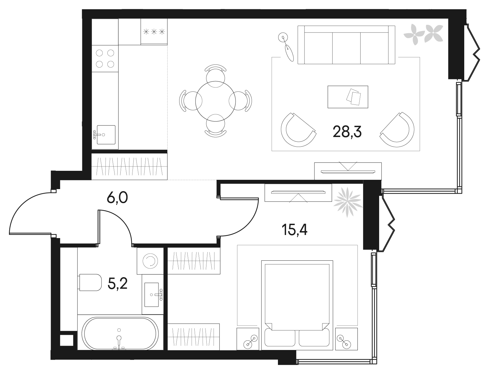 Планировка — Клубный город на реке Primavera, 2-комн., 55 м²