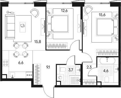 Планировка — Клубный город на реке Primavera, 3-комн., 70 м²