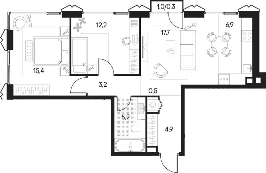 Планировка — Клубный город на реке Primavera, 3-комн., 66 м²