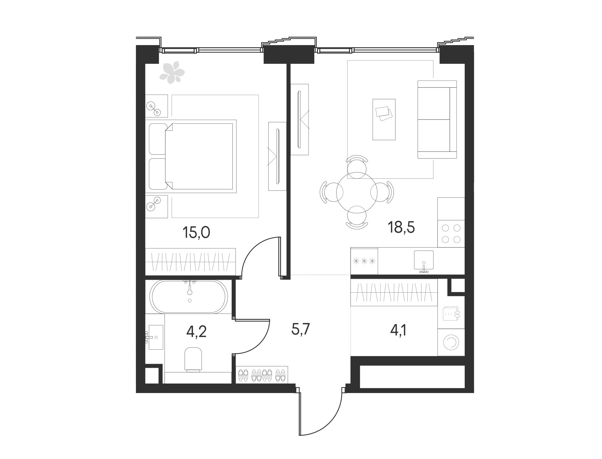 Планировка — Клубный город на реке Primavera, 2-комн., 48 м²