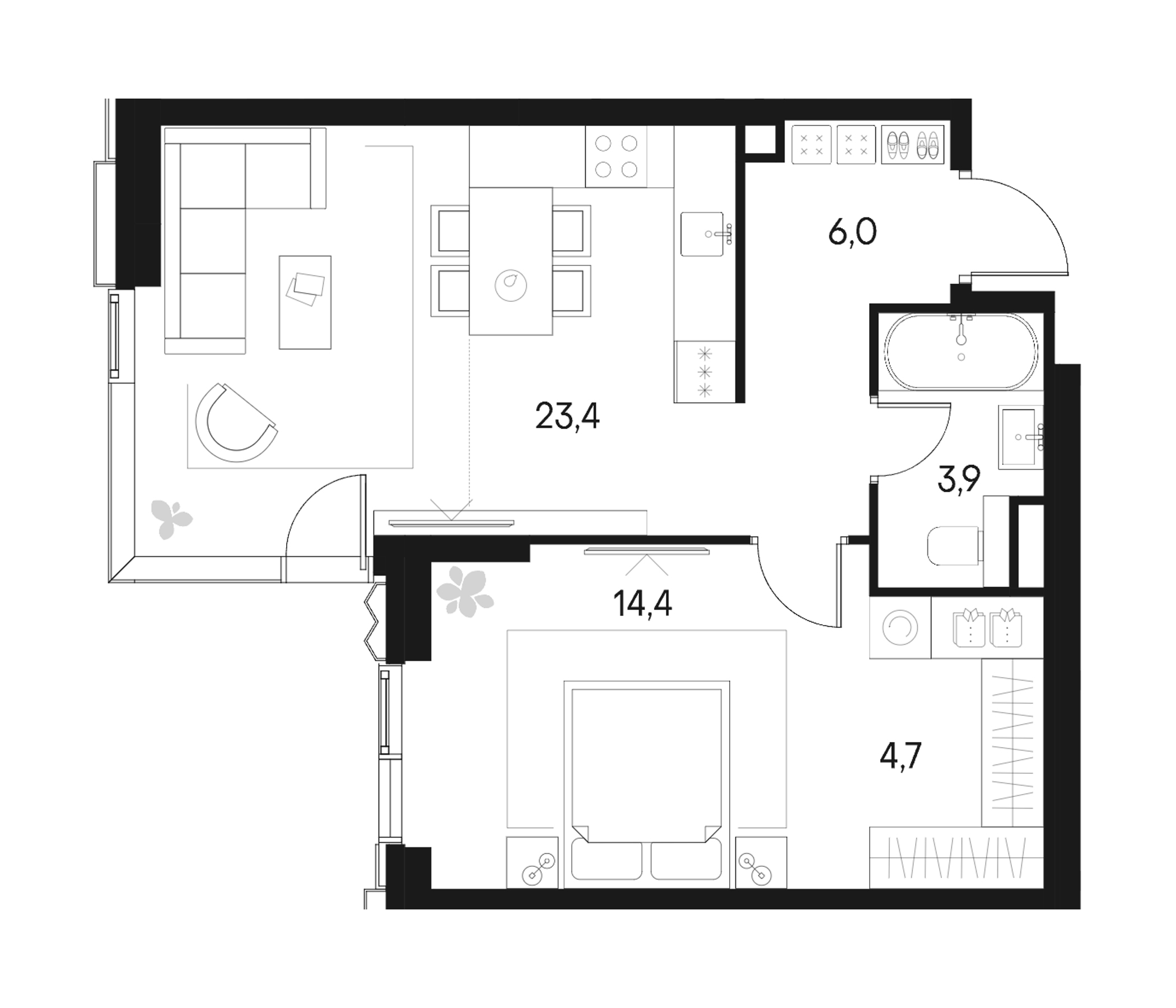 Планировка — Клубный город на реке Primavera, 2-комн., 52 м²
