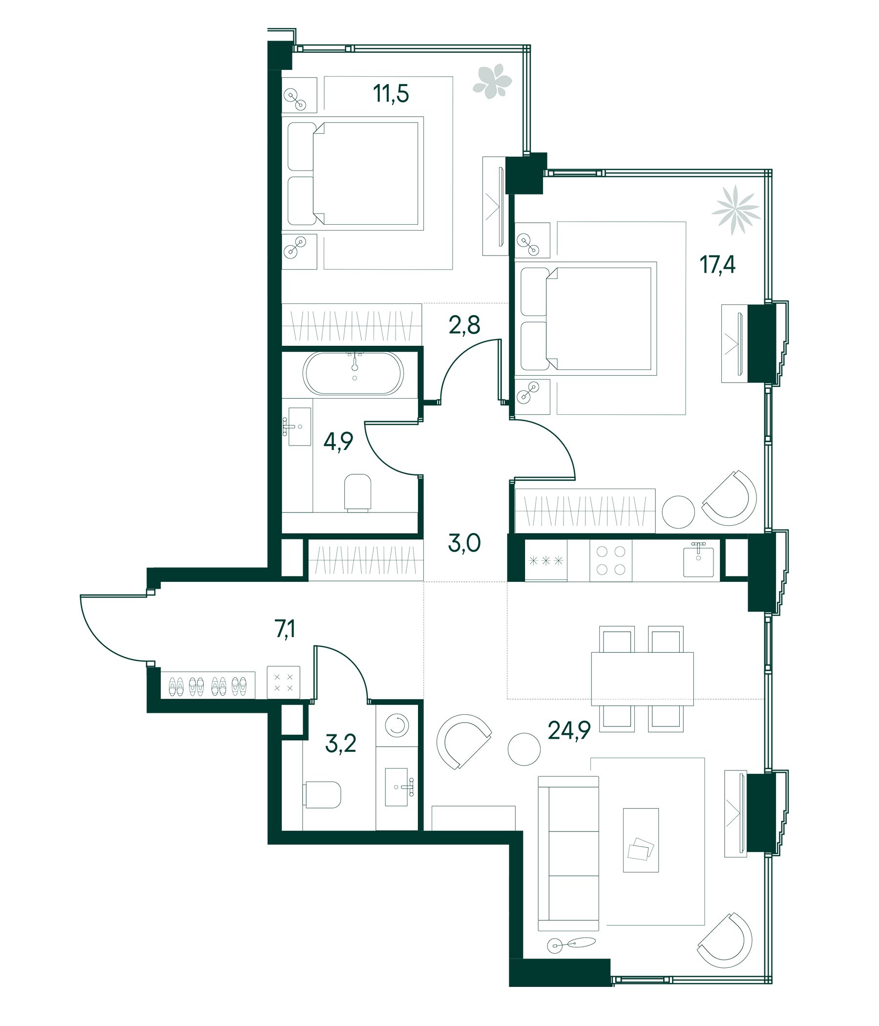 Планировка — Клубный город на реке Primavera, 3-комн., 75 м²
