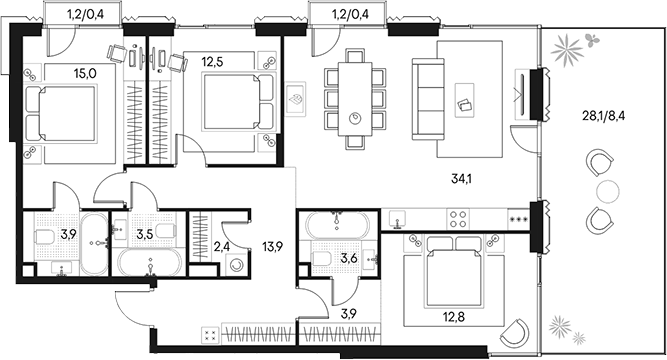 Планировка — Клубный город на реке Primavera, 4-комн., 106 м²