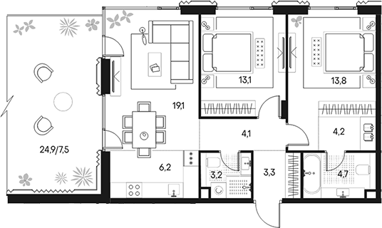 Планировка — Клубный город на реке Primavera, 3-комн., 70 м²