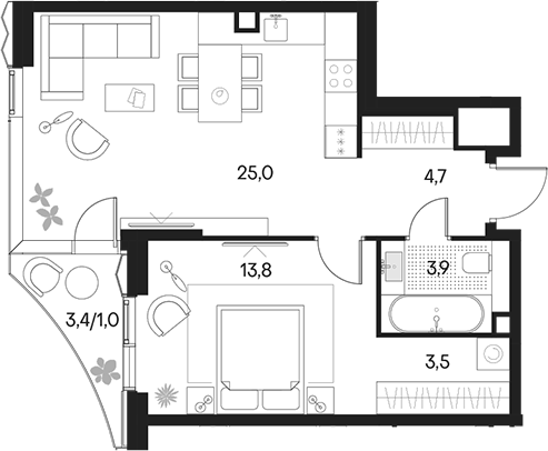 Планировка — Клубный город на реке Primavera, 2-комн., 51 м²