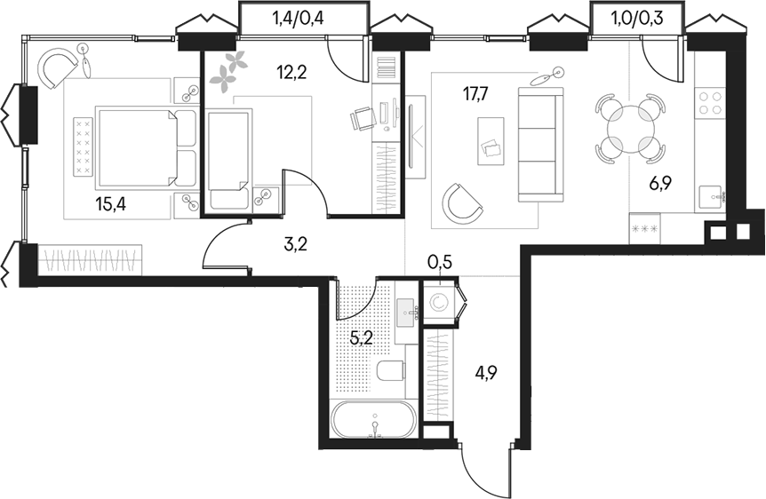 Планировка — Клубный город на реке Primavera, 3-комн., 66 м²