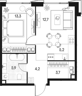 Планировка — Клубный город на реке Primavera, 2-комн., 45 м²