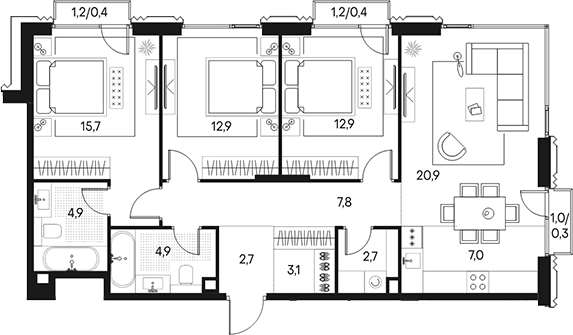 Планировка — Клубный город на реке Primavera, 4-комн., 96 м²