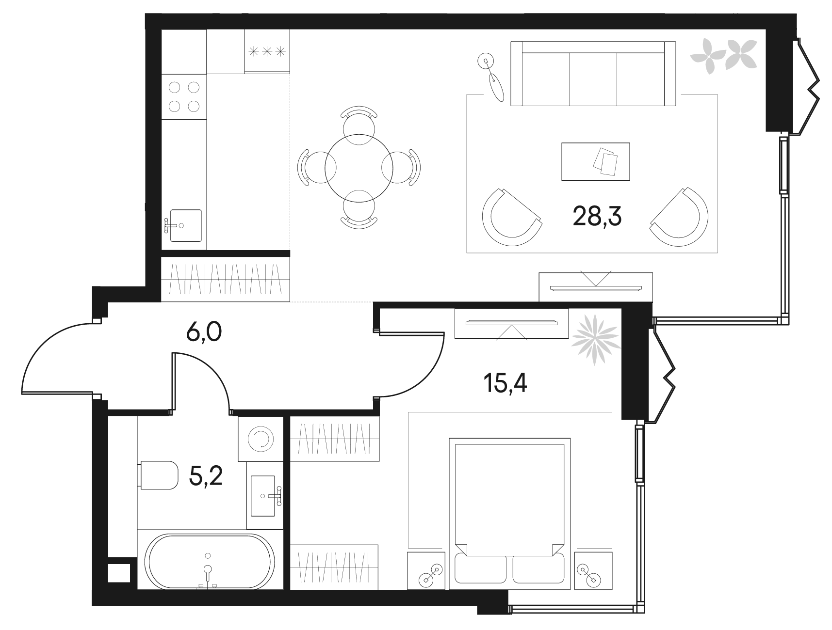 Планировка — Клубный город на реке Primavera, 2-комн., 55 м²