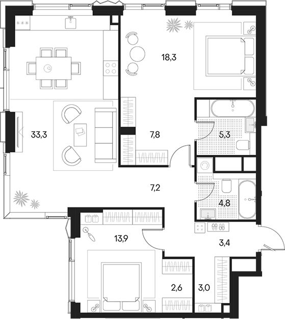 Планировка — Клубный город на реке Primavera, 3-комн., 100 м²