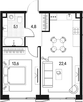 Планировка — Клубный город на реке Primavera, 2-комн., 46 м²