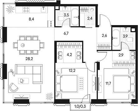 Планировка — Клубный город на реке Primavera, 3-комн., 87 м²