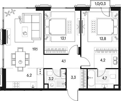 Планировка — Клубный город на реке Primavera, 3-комн., 72 м²