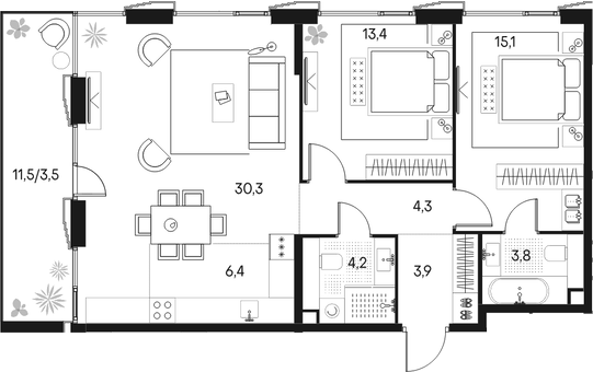Планировка — Клубный город на реке Primavera, 3-комн., 81 м²