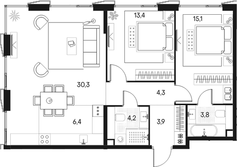 Планировка — Клубный город на реке Primavera, 3-комн., 81 м²