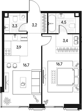 Планировка — Клубный город на реке Primavera, 2-комн., 52 м²