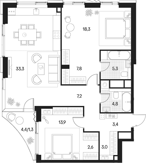 Планировка — Клубный город на реке Primavera, 3-комн., 100 м²